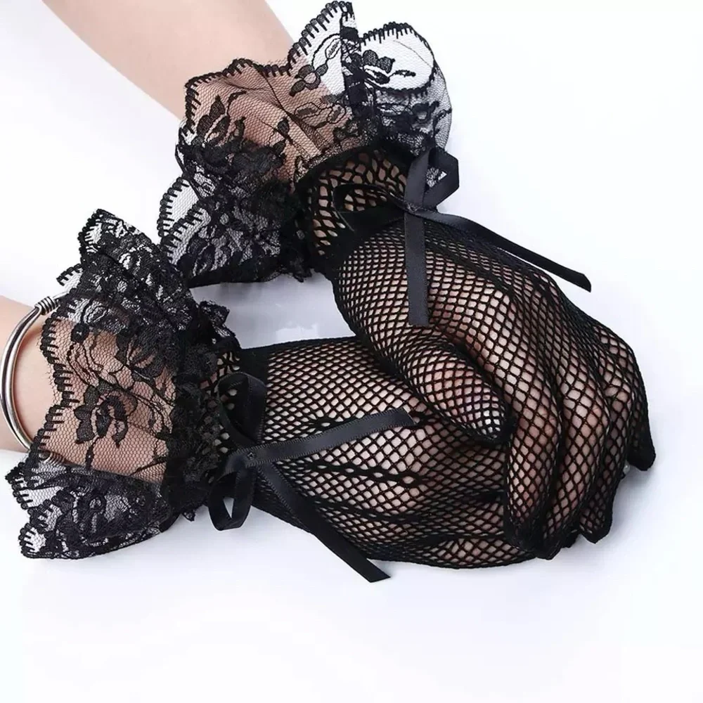 Black Fishnet Gloves with Lace Detail and Bow
